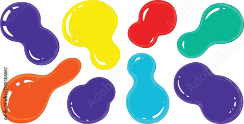 Memphis blob forms, isolated variety of colored liquid shapes with splashes design. Vector flat cartoon, typography or banners templates, abstract background for text, copy space on icons set