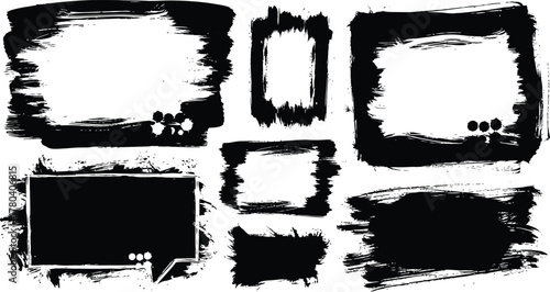 Mega bundle of different ink brush strokes:rectangle,square and round freehand drawings.Ink splatters,grungy painted lines,artistic design elements:waves,circles,triangles.