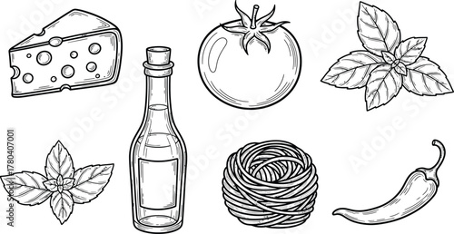 Mediterranean blue summer Italian food and drink set. la dolce vita. Outline Vintage aesthetics isolated minimal whimsical Hand sketch drawings on white background.