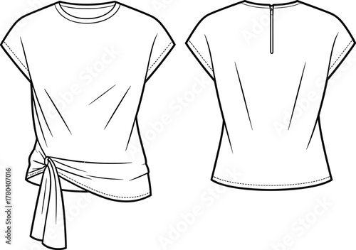 Women's top technical sketch, front and back view, draped hem knot, round neckline, short sleeves, fashion flat, garment template, illustration