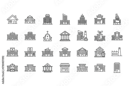 Collection of black line art icons representing various buildings including houses offices churches hospitals and factories