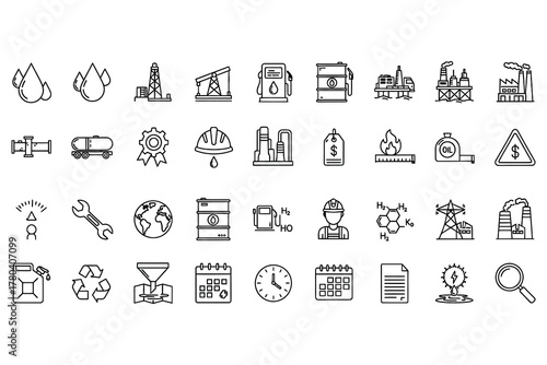 Collection of black and white line art icons representing oil and gas industry concepts oil drop