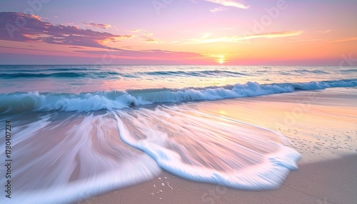 Fototapeta Naklejka Na Ścianę i Meble -  Ocean wave washing over sandy beach at colorful sunset with orange sun and pink clouds reflecting on water