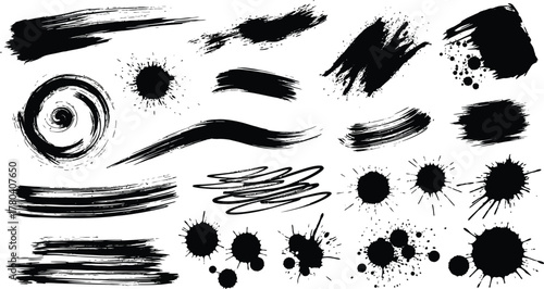 Mega bundle of different ink brush strokes:rectangle,square and round freehand drawings.Ink splatters,grungy painted lines,artistic design elements:waves,circles,triangles.