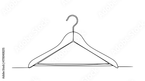Single line drawing of a simple clothes hanger — minimalist continuous line art emphasizing its triangular frame and hook, fashion and organization.