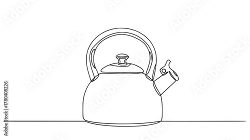 Single line drawing of a classic stovetop kettle — minimalist continuous line art with handle, spout, and rising steam, symbol of warmth and hospitality.