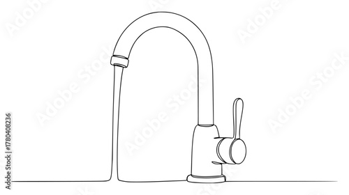 Single line drawing of a simple kitchen faucet — minimalist continuous line art with curved spout and single handle, symbol of water and utility.