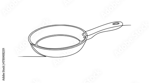 Minimalist single line drawing of a frying pan — continuous line art forming the pan and its handle, simple kitchenware design.