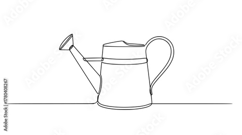 Minimalist single line art of an old-fashioned watering can — continuous outline emphasizing spout and handle, gardening and care.