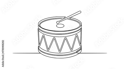 One unbroken line creating a single snare drum — minimalist continuous line art forming the circular top, bottom, and zigzag snare, rhythm icon.