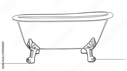 Continuous line art of a classic claw-foot bathtub — single unbroken line emphasizing its elegant legs and rolled rim, bathroom luxury.