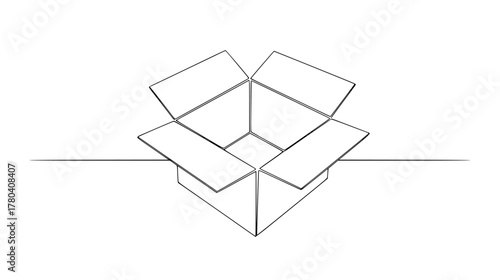 Single line drawing of an open cardboard box — minimalist continuous line art with outward flaps, symbol of storage and transport.