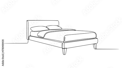 Minimalist single line drawing of a bed — continuous line art defining headboard, mattress, and leg, simple bedroom furniture.
