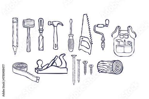 Vintage Hand Drawn Carpenter Tools Set collection, Woodworking Equipment and Craft Workshop Elements Vector Illustration for craft workshop design or handmade product label