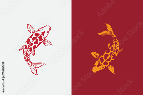Vintage koi fish swimming in elegant motion hand drawn style vector illustration for for Asian culture design, decorative element logo