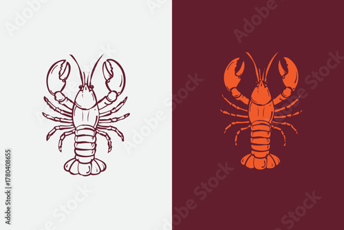 Vintage lobster with two color variations on light and dark backgrounds hand drawn style vector illustration for restaurant logo, seafood menu design