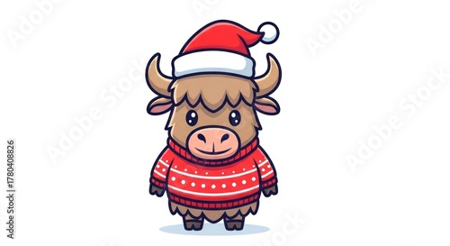 A cartoon yak, sporting a Santa hat and a red sweater with white patterns, standing against a white backdrop