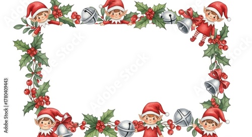 Whimsical festive frame with mischievous elves in red suits, holly, bells, and berries. White background