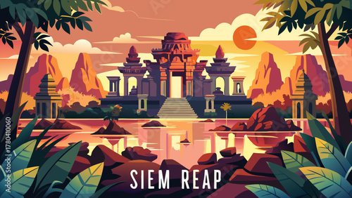 Very beautiful Siem Reap travel poster in cinematic minimal vector style, featuring simplified Angkor temple silhouettes, lush jungle, warm sunset tones, and clean geometric shapes creating an elegant