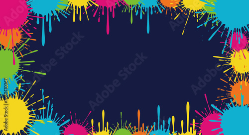 Vibrant and dynamic paint splatter frame design with a dark background, perfect for adding a playful and artistic touch to presentations, invitations, or digital content