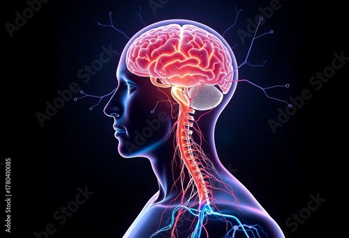 Diagram of the human nervous system, with brain and spinal cord highlighted,  neurology,  control