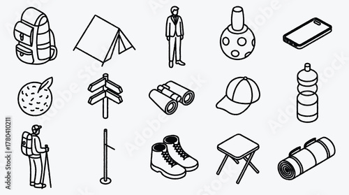 Isometric Camping and Hiking Elements Illustration for Outdoor Adventure Theme