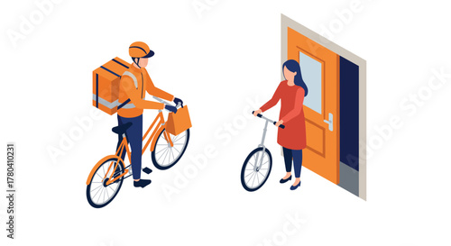 Isometric delivery cyclist and woman with scooter near door