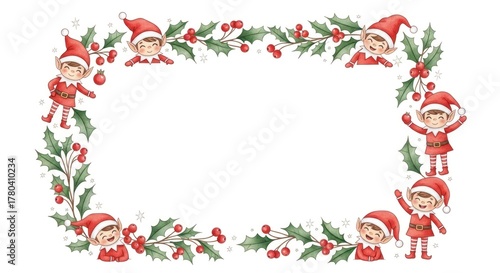 Festive rectangular frame with elf characters, holly, and red berries on a white background, evoking Christmas cheer