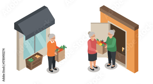 Elderly neighbors sharing groceries community and kindness in isometric style
