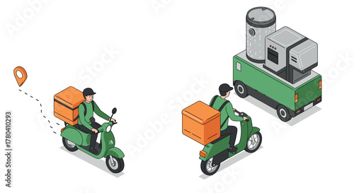 Isometric delivery service scooter and food truck with gps tracking and packages
