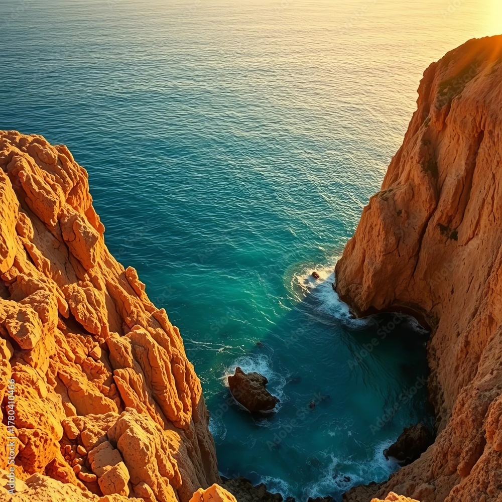 Obraz premium Golden hour light bathes rugged coastal cliffs and turquoise waters in a warm, inviting glow, ocean, scenic