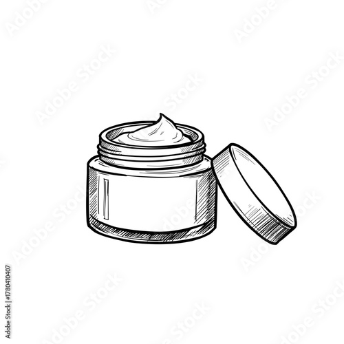Sketch of an open cosmetic cream jar with whipped texture, black and white vector illustration on transparent background