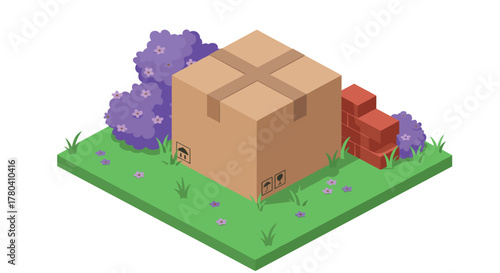 Isometric cardboard box in garden setting with flowers and bricks