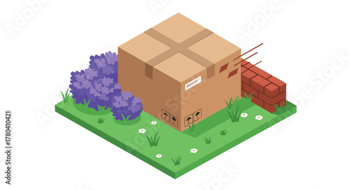 Isometric garden with box and brick wall creative conceptual design
