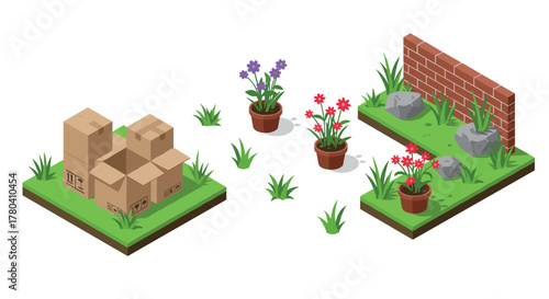 Isometric garden scene with potted flowers, boxes, and brick wall elements