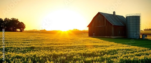 Golden hour sunlight bathes a rustic barn and silo, casting long shadows across lush green fields,  tranquil,  grass