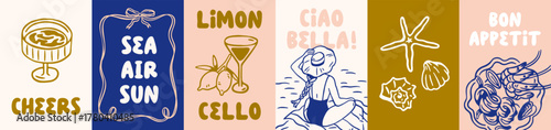 Dolce Vita summer holiday cards set. Italian coastal vacation, food, sea resort, doodle retro style poster designs with limoncello, seashell, pasta sketches, lettering. Drawn vector illustrations
