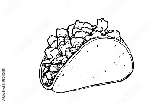 Hand-drawn taco sketch, black and white, with a charmingly simple style for unique projects,  clipart,  handdrawn