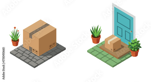 Isometric delivery box concept in front of a door with plants