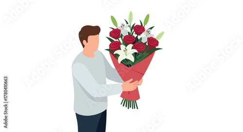 Man offering bouquet of red roses and white lilies in minimalist style