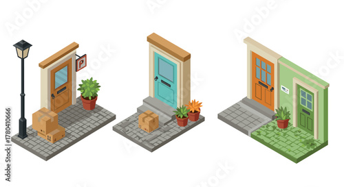 Isometric doorway scenes with urban elements and potted plants