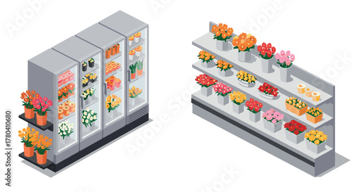 Isometric flower shop display with refrigerated cases and colorful arrangements