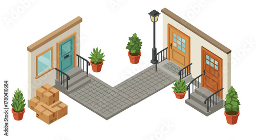 Isometric urban courtyard with plants and delivery boxes