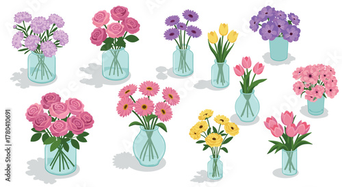 Charming floral arrangements in glass vases with colorful spring blooms