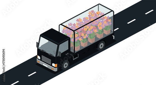 Isometric flower delivery truck on road with floral cargo in bloom