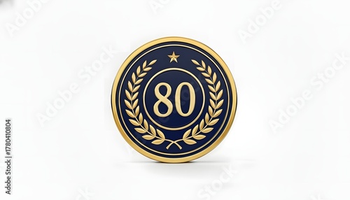Prestigious 3D gold and navy blue medallion with the number eighty and a laurel wreath, representing an 80th anniversary or a significant octogenarian life achievement