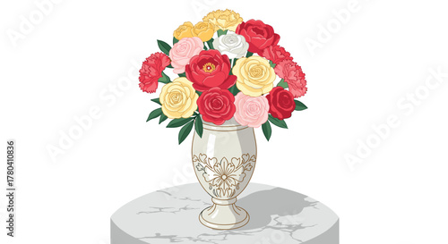 Elegant floral arrangement of roses and peonies in ornate vase on marble surface