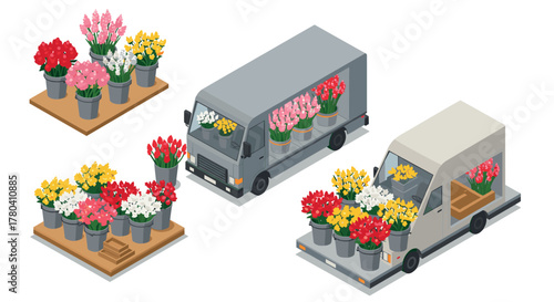 Isometric flower delivery trucks with blooming potted plants