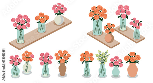 Colorful floral arrangements in vases on shelves displayed in isometric style