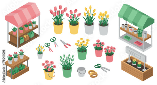 Isometric flower market stalls with colorful potted plants and gardening tools